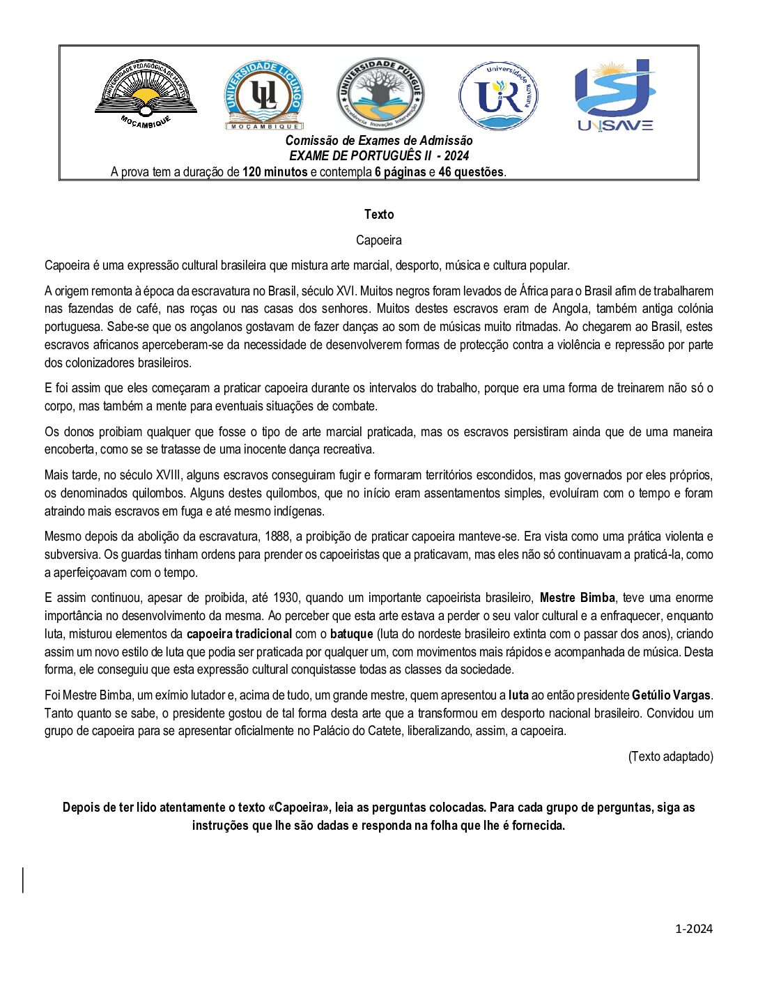 Português – 2024 (II) da  (Enunciado e Resolução do Exame de Admissão em PDF)