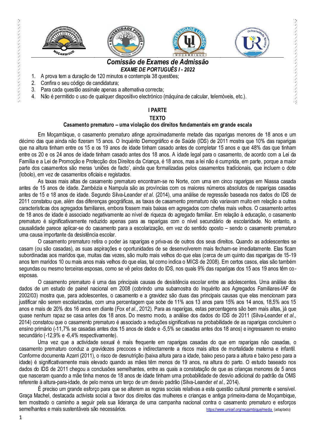 Português – 2022 (I) da UP (Enunciado e Resolução do Exame de Admissão em PDF)