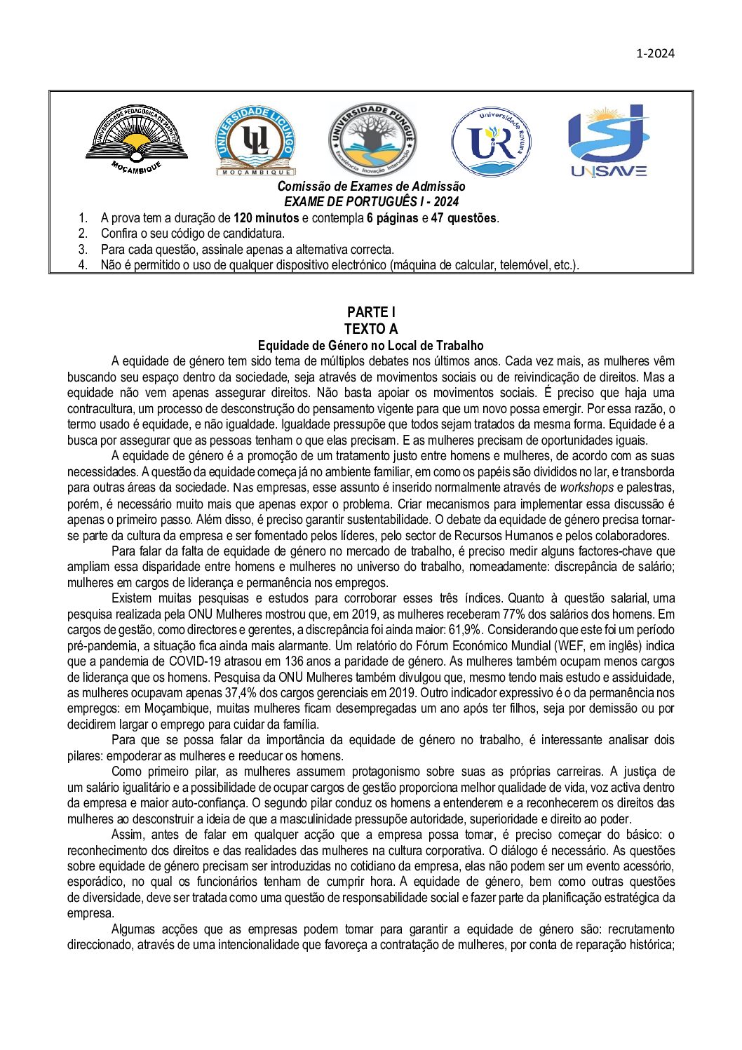 Português – 2024 (I) da UP (Enunciado e Resolução do Exame de Admissão em PDF)