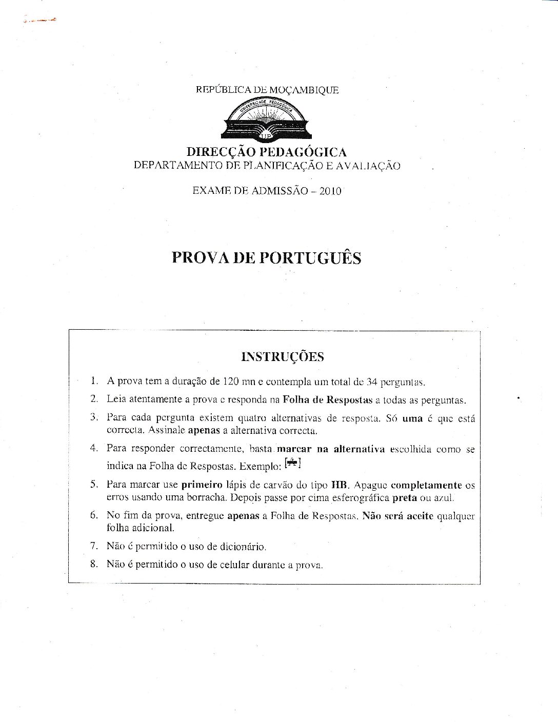 Português – 2010 da UP (Enunciado e Resolução do Exame de Admissão em PDF)