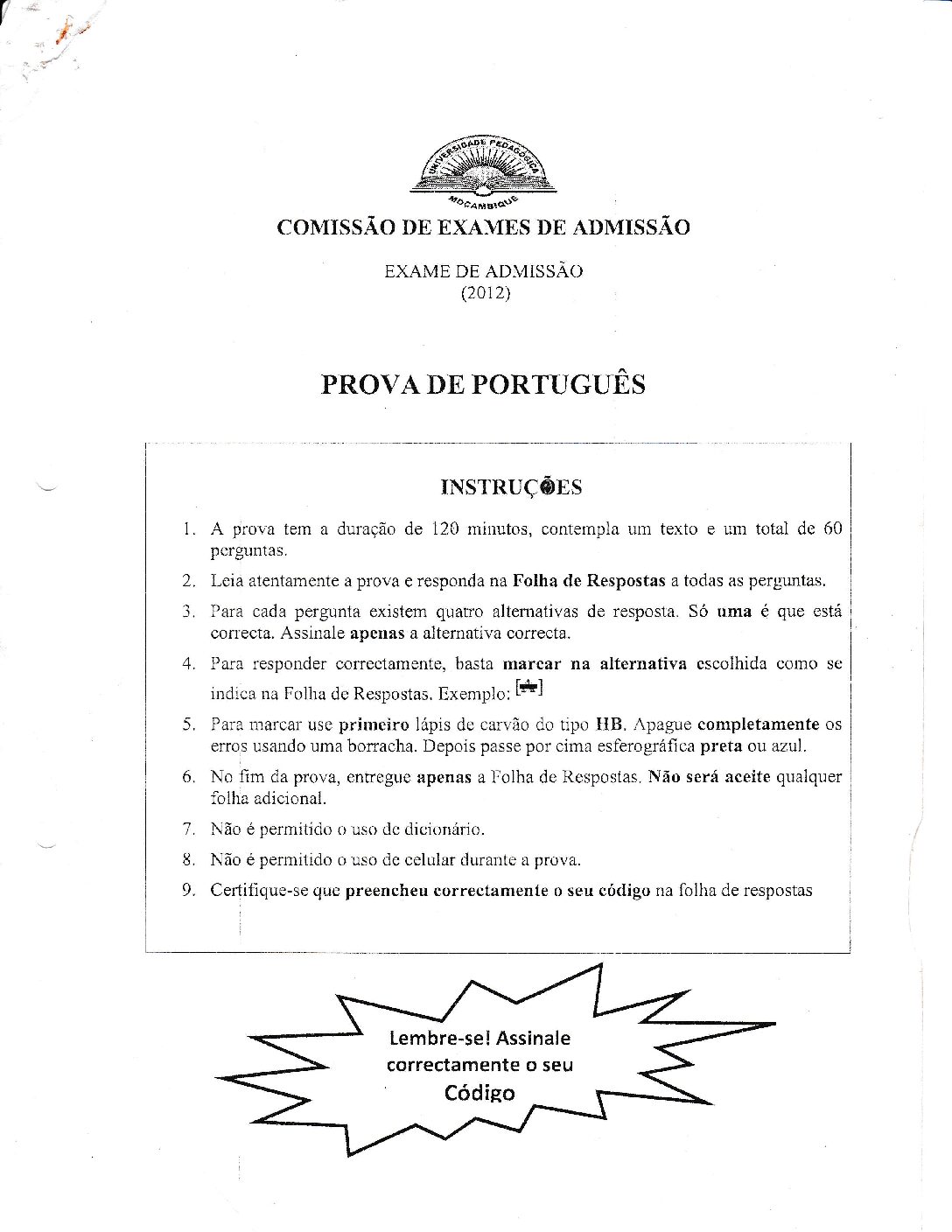 Português – 2012 da UP (Enunciado e Resolução do Exame de Admissão em PDF)