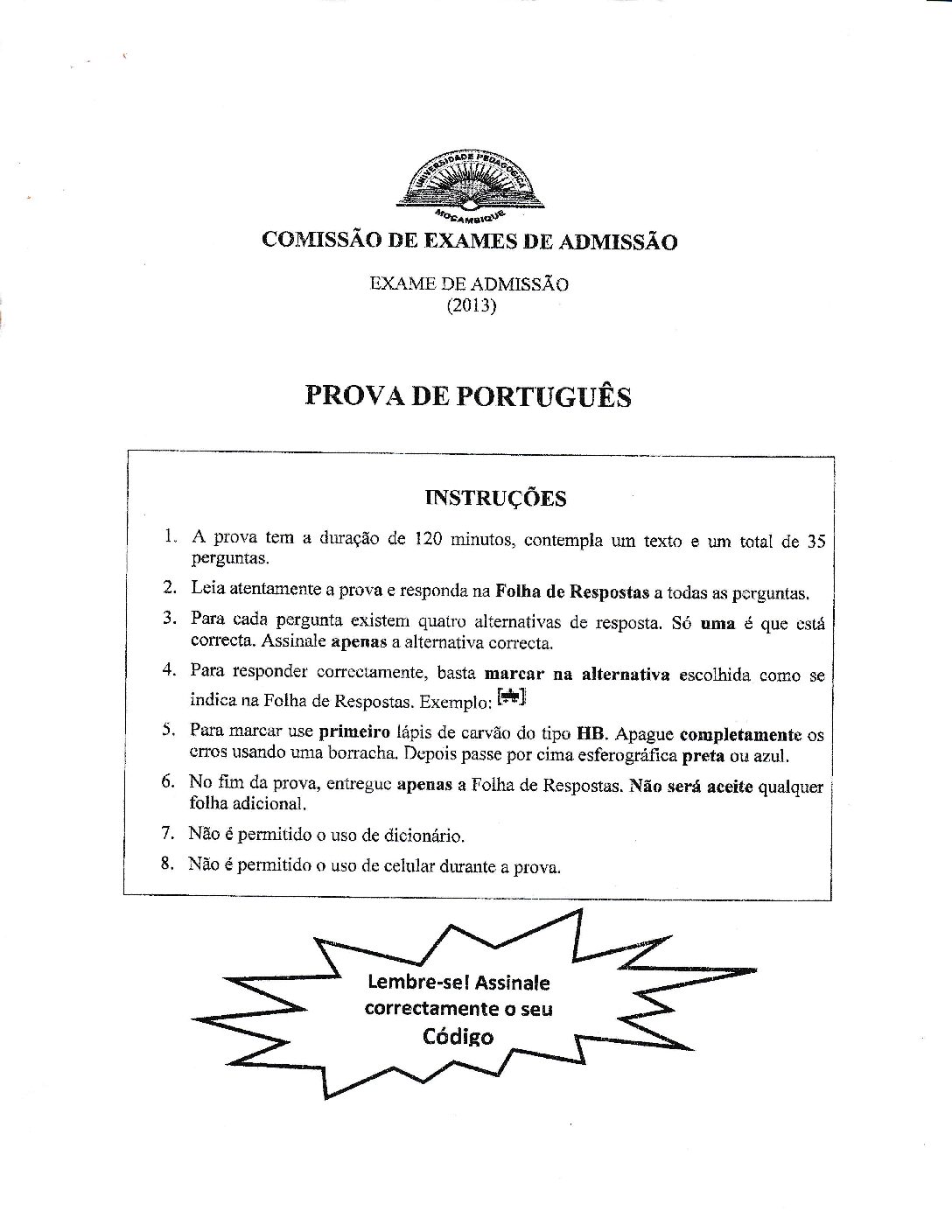 Português – 2013 da UP (Enunciado e Resolução do Exame de Admissão em PDF)