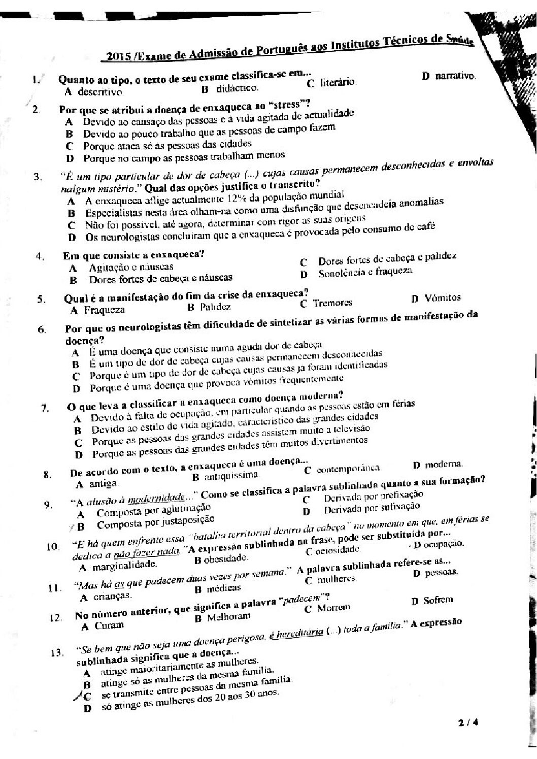 Português – 2015 do ICS (Enunciado e Resolução do Exame de Admissão em PDF)