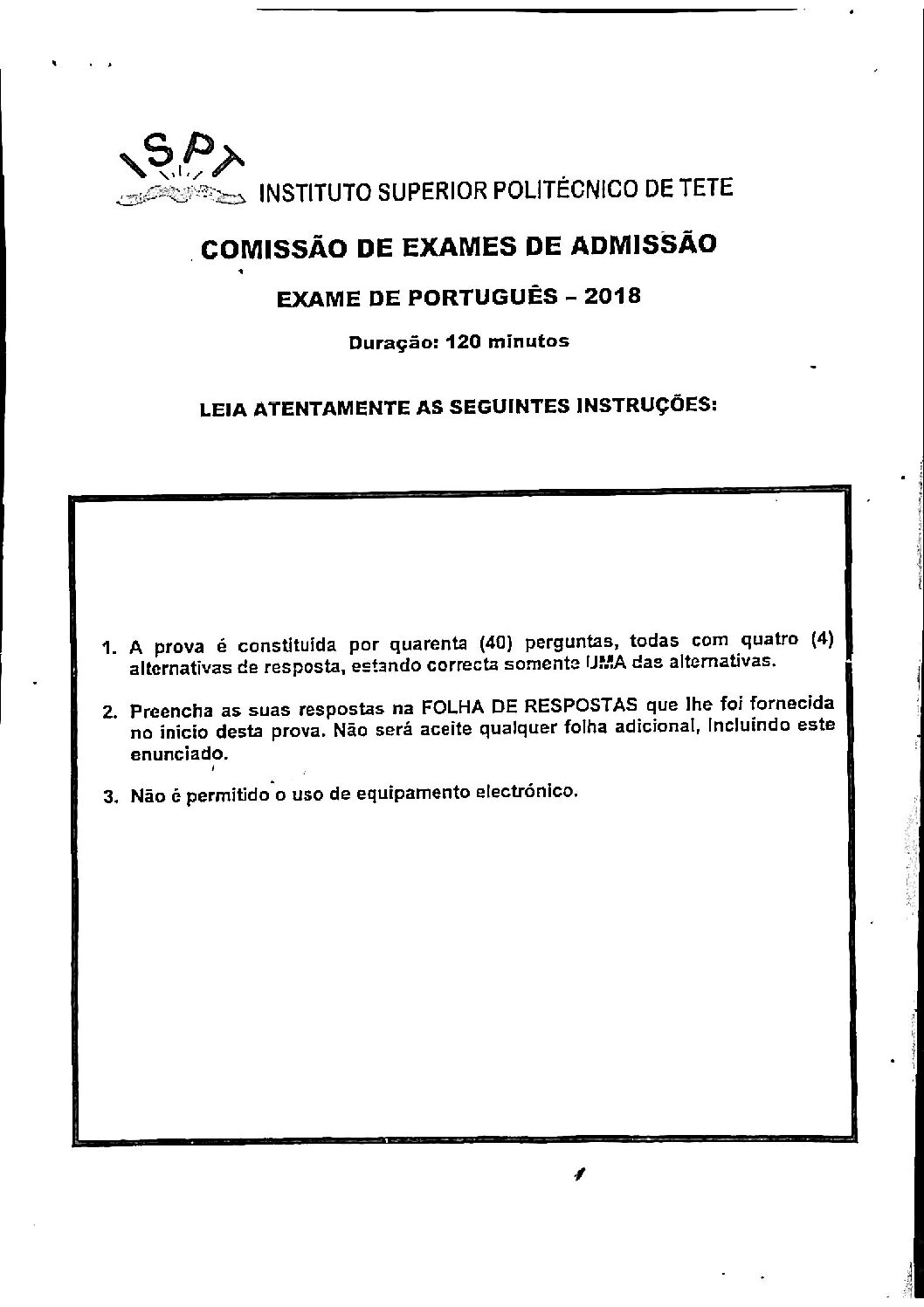 Português – 2018 do ISPT (Enunciado e Resolução do Exame de Admissão em PDF)