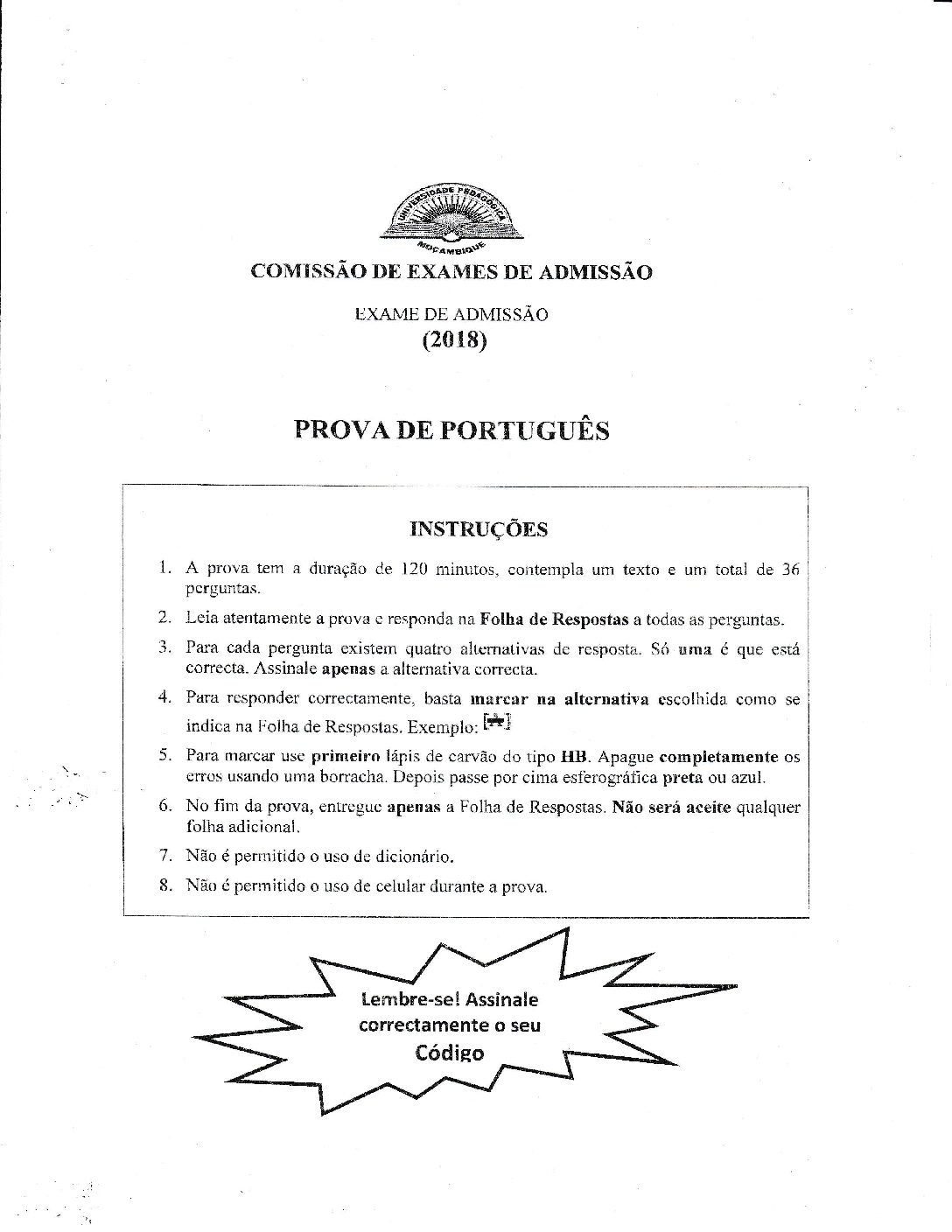 Português – 2018 da UP (Enunciado e Resolução do Exame de Admissão em PDF)