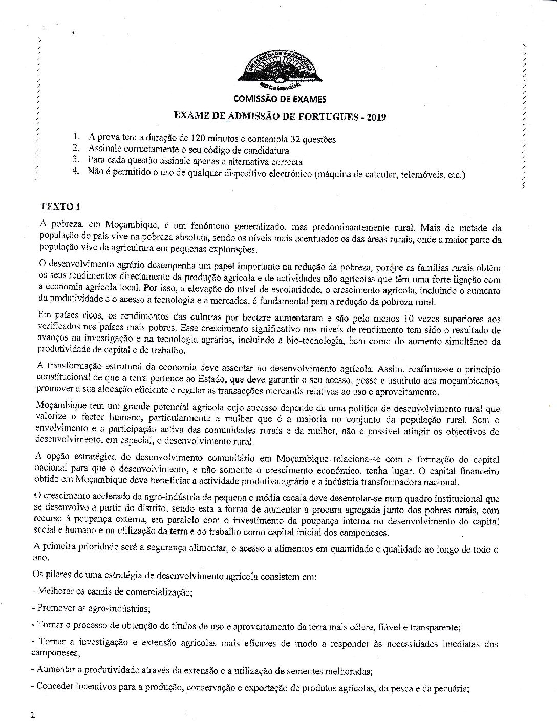 Português – 2019 da UP (Enunciado e Resolução do Exame de Admissão em PDF)