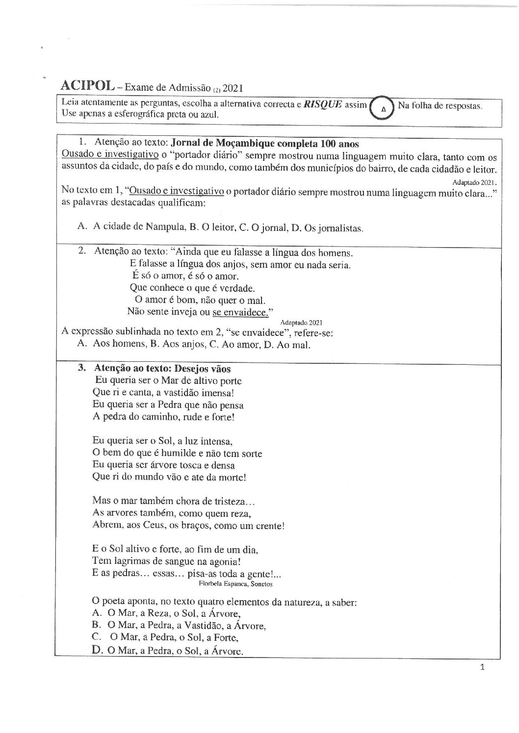 Português – 2021 da ACIPOL (Enunciado e Resolução do Exame de Admissão em PDF)