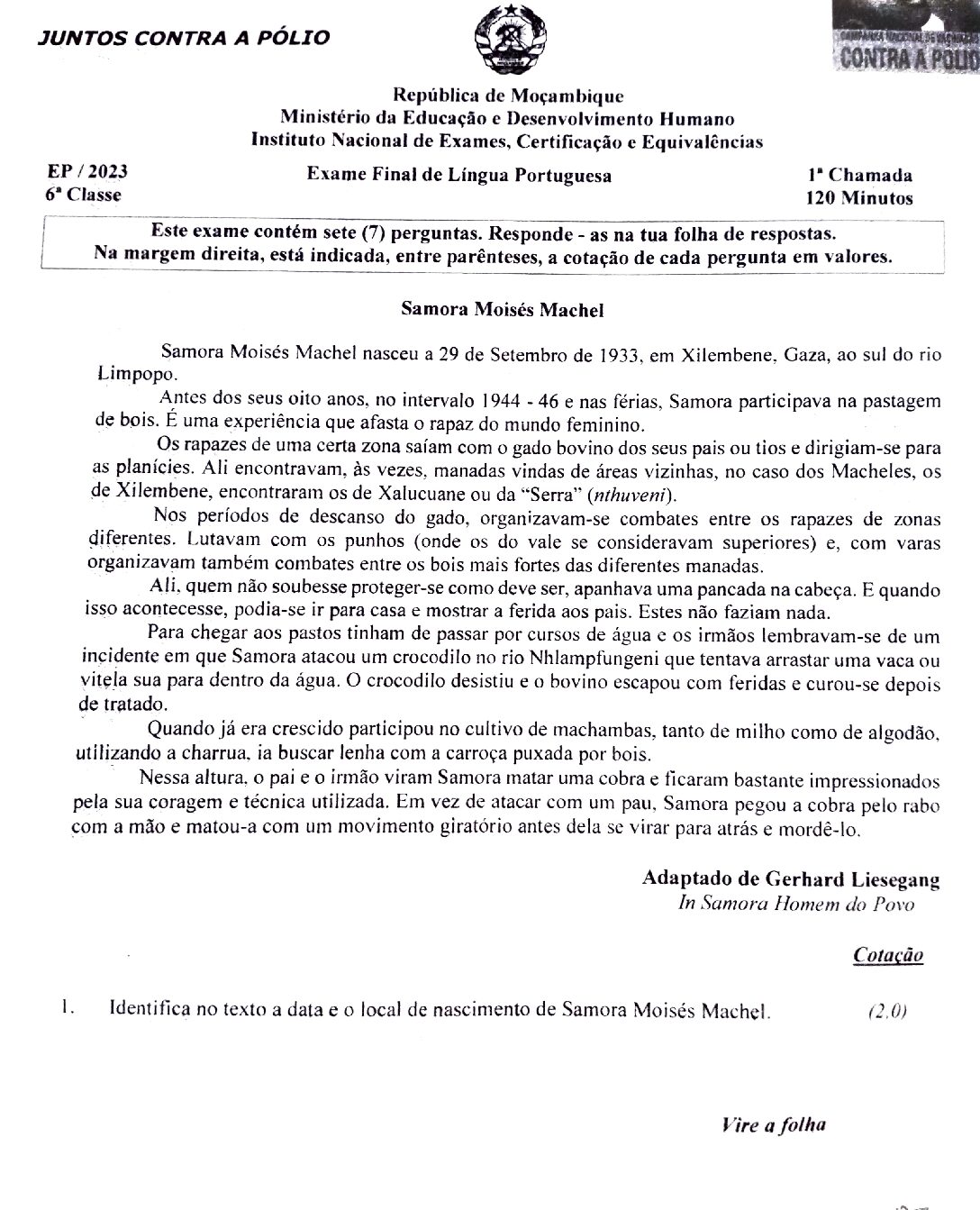 Português – 2023 da 6ª classe – 1ª Chamada (Enunciado e Resolução do Exame Final em PDF)