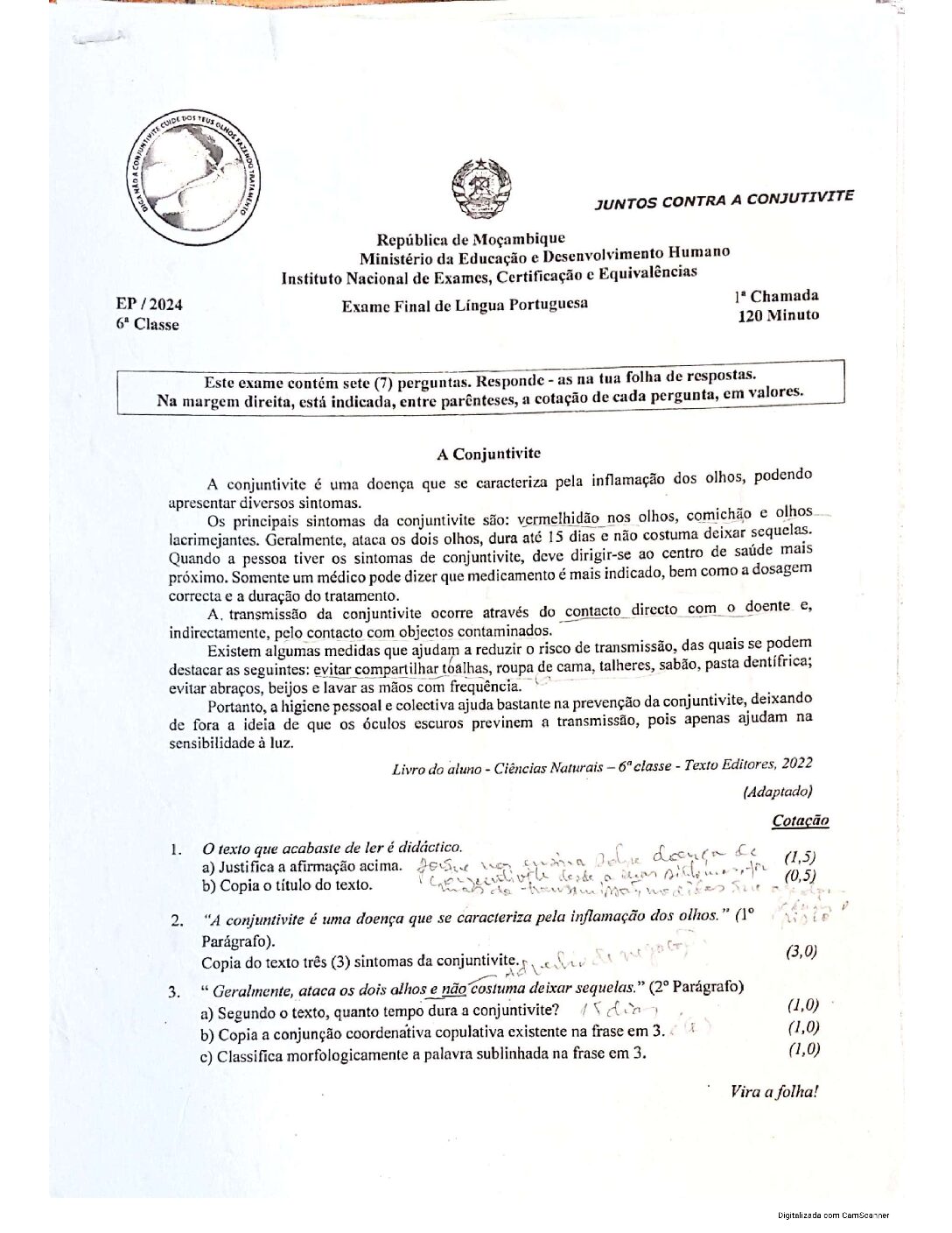 Português – 2024 da 6ª classe – 1ª Chamada (Enunciado e Resolução do Exame Final em PDF)