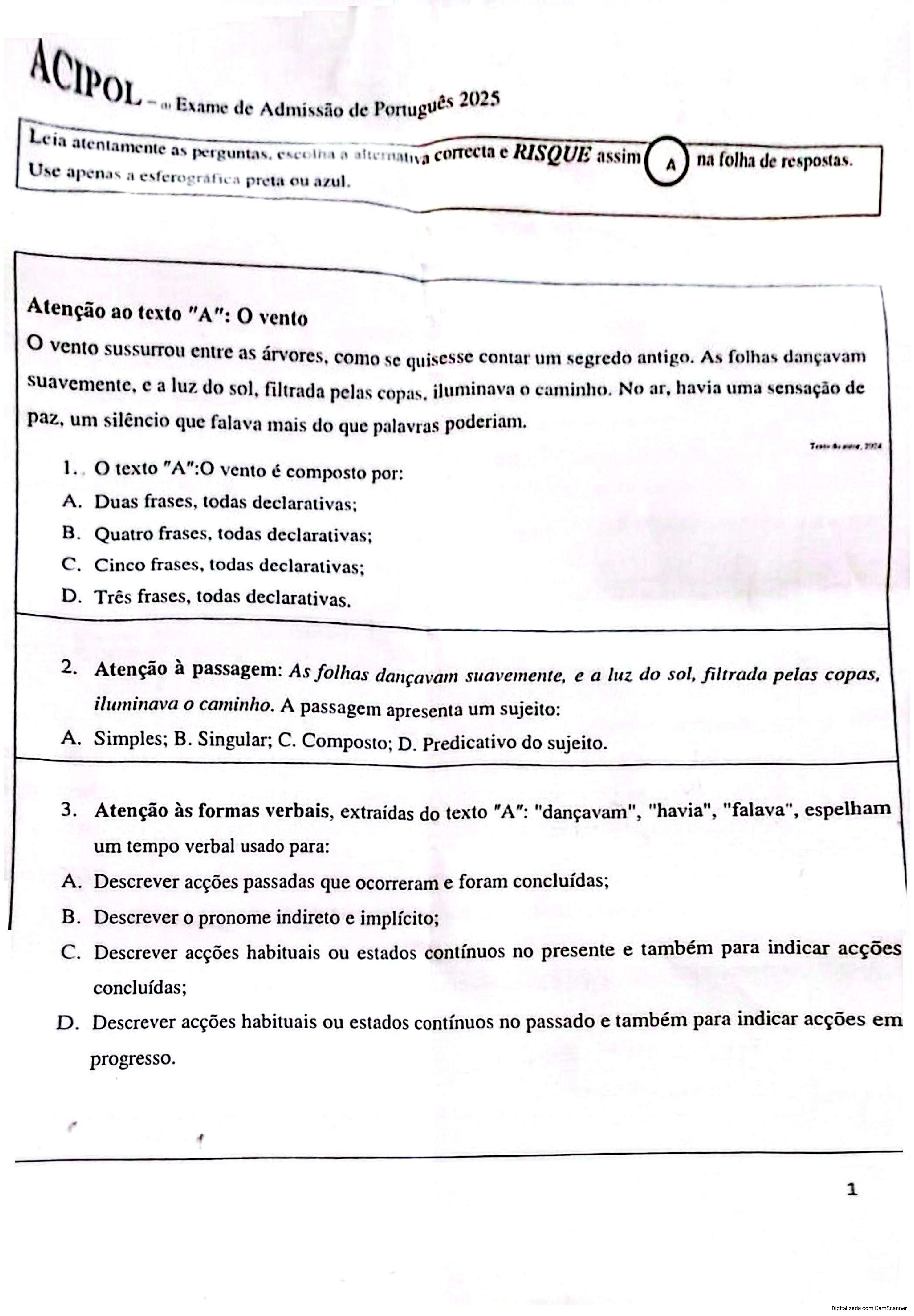 Português – 2025 da ACIPOL (Enunciado e Resolução do Exame de Admissão em PDF)