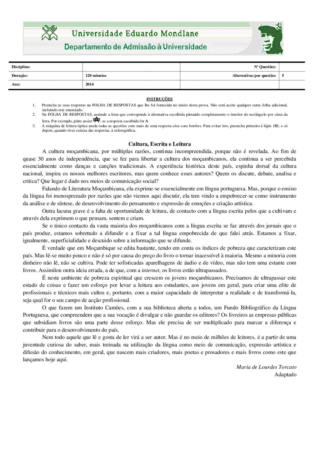 Português – 2014 (I) da UEM (Enunciado e Resolução do Exame de Admissão em PDF)