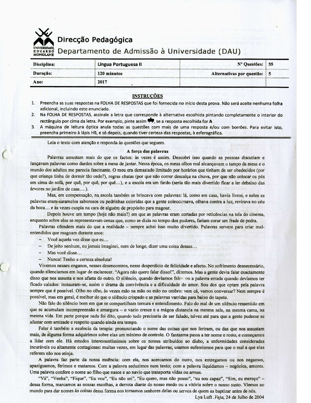 Português – 2017 (I) da UEM (Enunciado e Resolução do Exame de Admissão em PDF)
