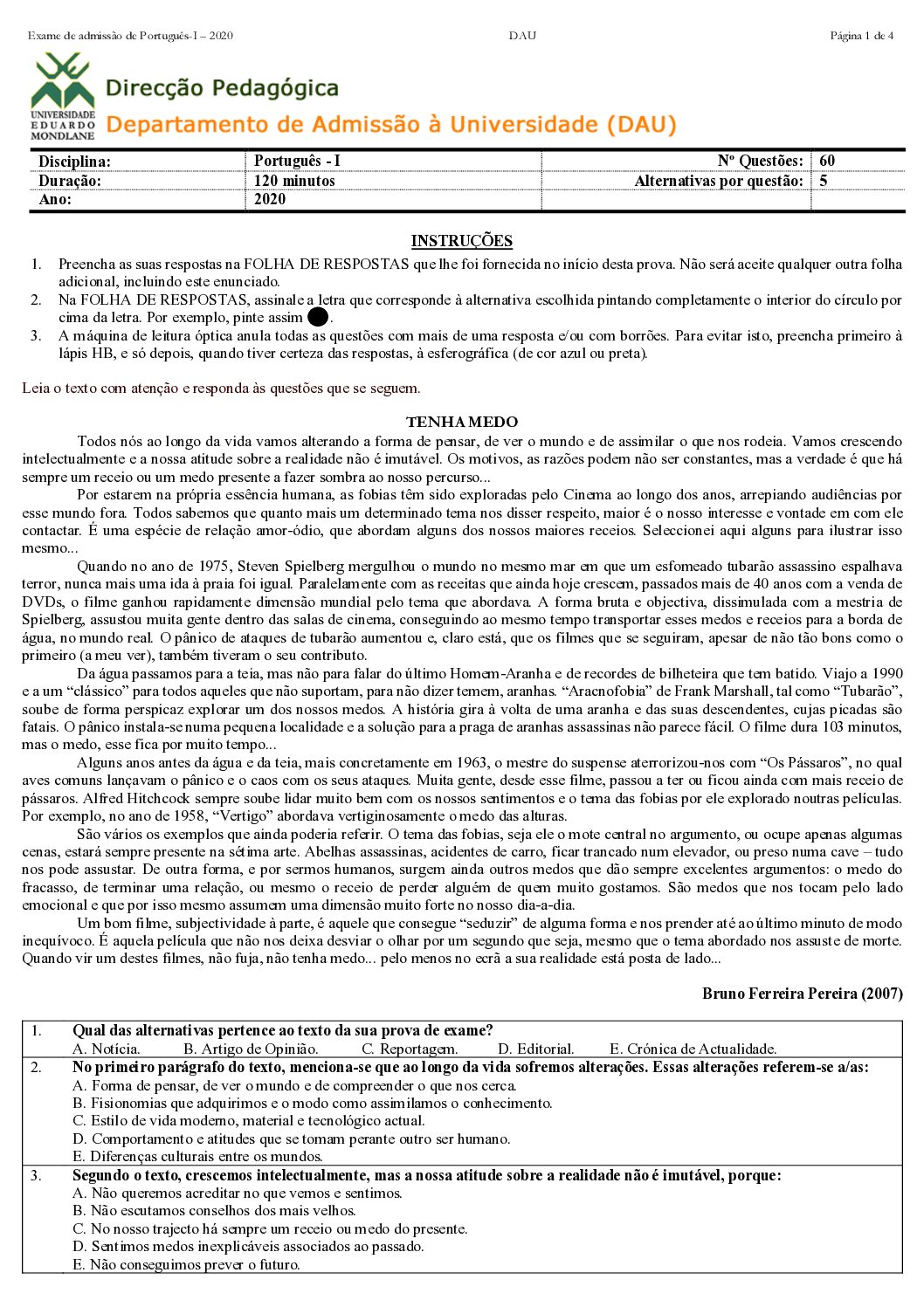 Português – 2020 (I) da UEM (Enunciado e Resolução do Exame de Admissão em PDF)