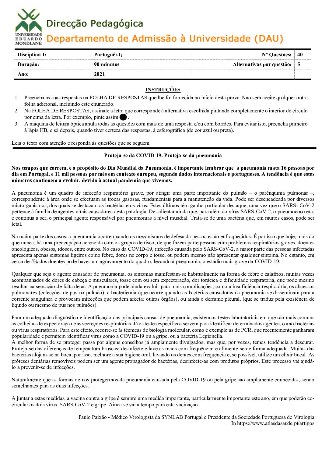 Português – 2021 (I) da UEM (Enunciado e Resolução do Exame de Admissão em PDF)