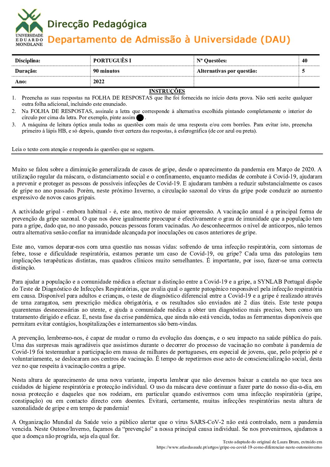 Português – 2022 (I) da UEM (Enunciado e Resolução do Exame de Admissão em PDF)