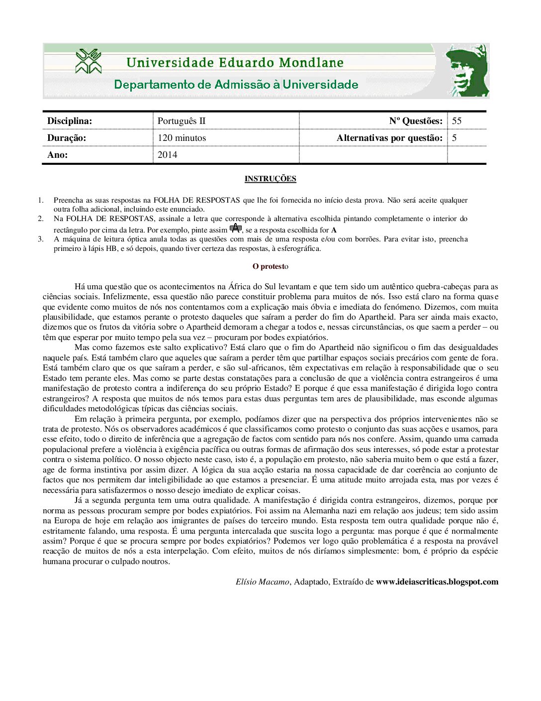 Português – 2014 (II) da UEM (Enunciado e Resolução do Exame de Admissão em PDF)