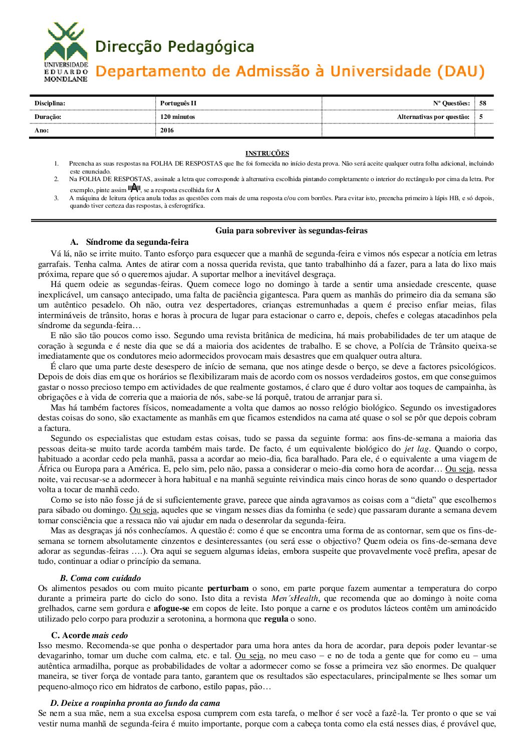 Português – 2016 (II) da UEM (Enunciado e Resolução do Exame de Admissão em PDF)