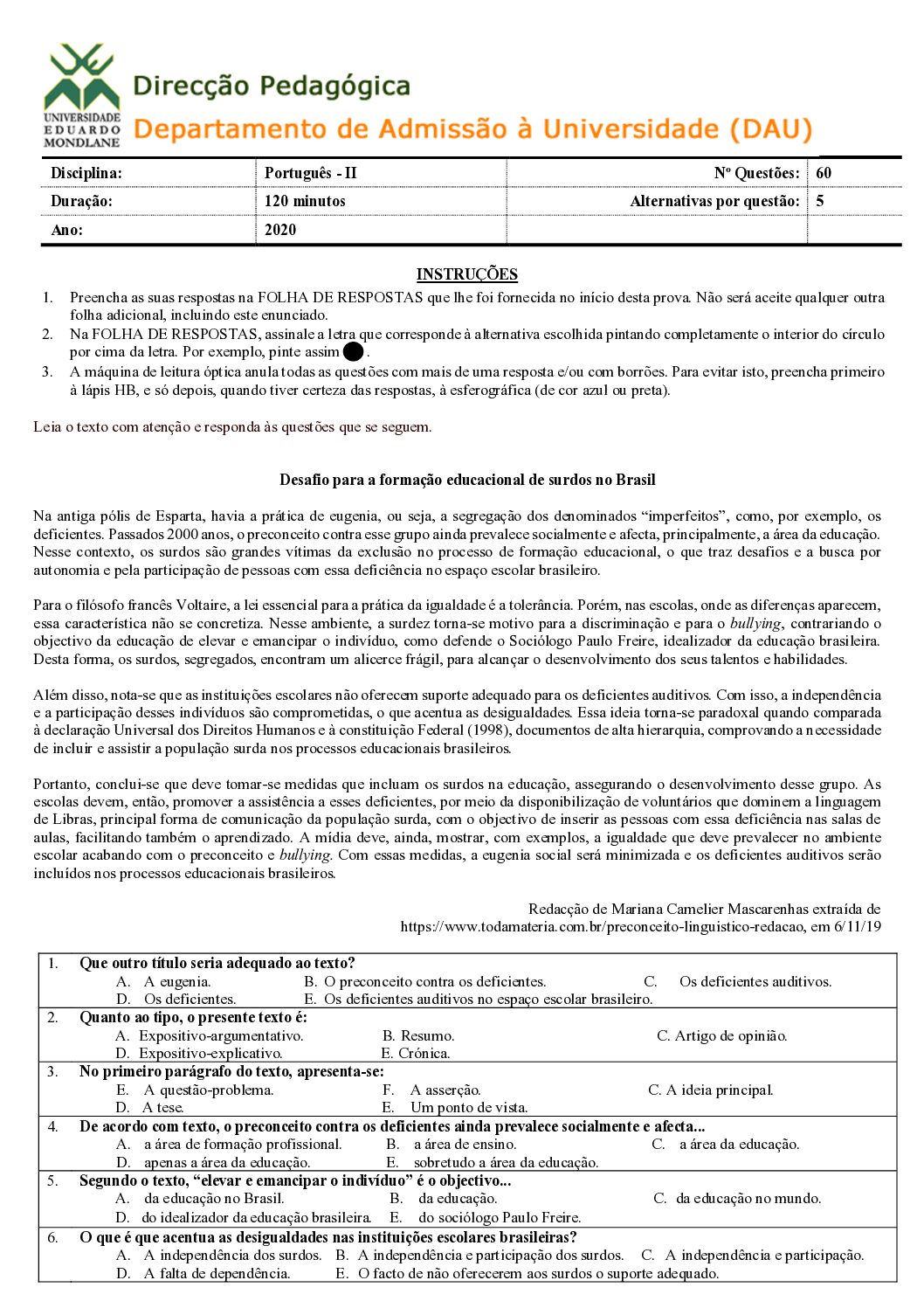 Português – 2020 (II) da UEM (Enunciado e Resolução do Exame de Admissão em PDF)
