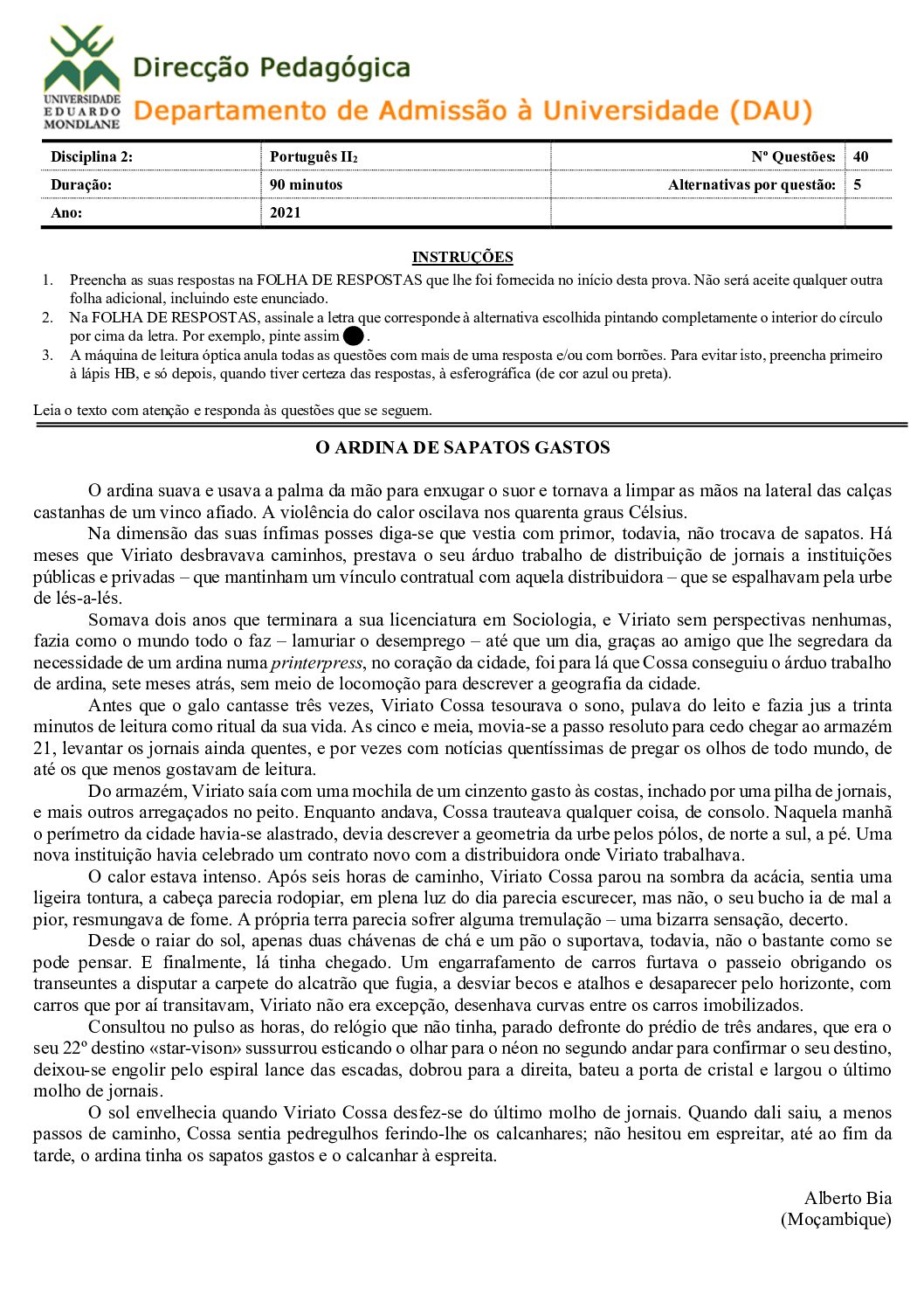 Português – 2021 (II) da UEM (Enunciado e Resolução do Exame de Admissão em PDF)