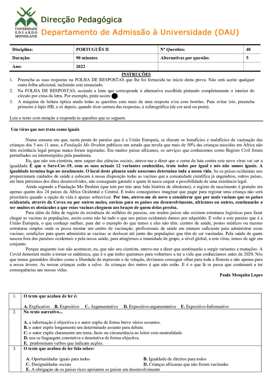 Português – 2022 (II) da UEM (Enunciado e Resolução do Exame de Admissão em PDF)