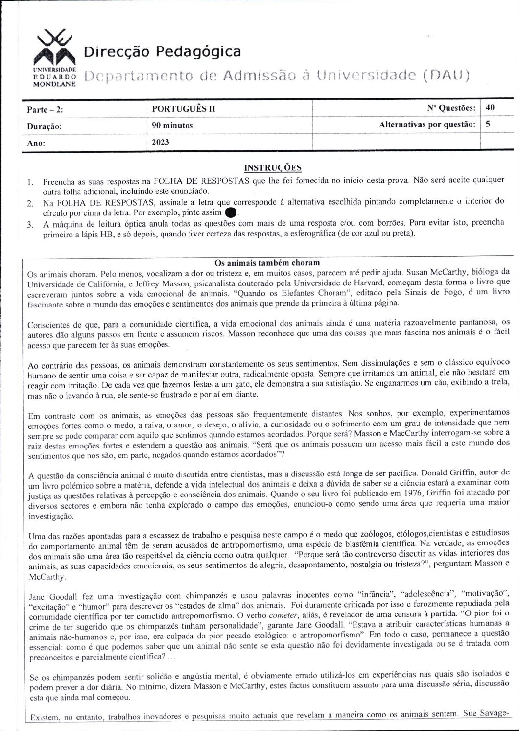 Português – 2023 (II) da UEM (Enunciado e Resolução do Exame de Admissão em PDF)