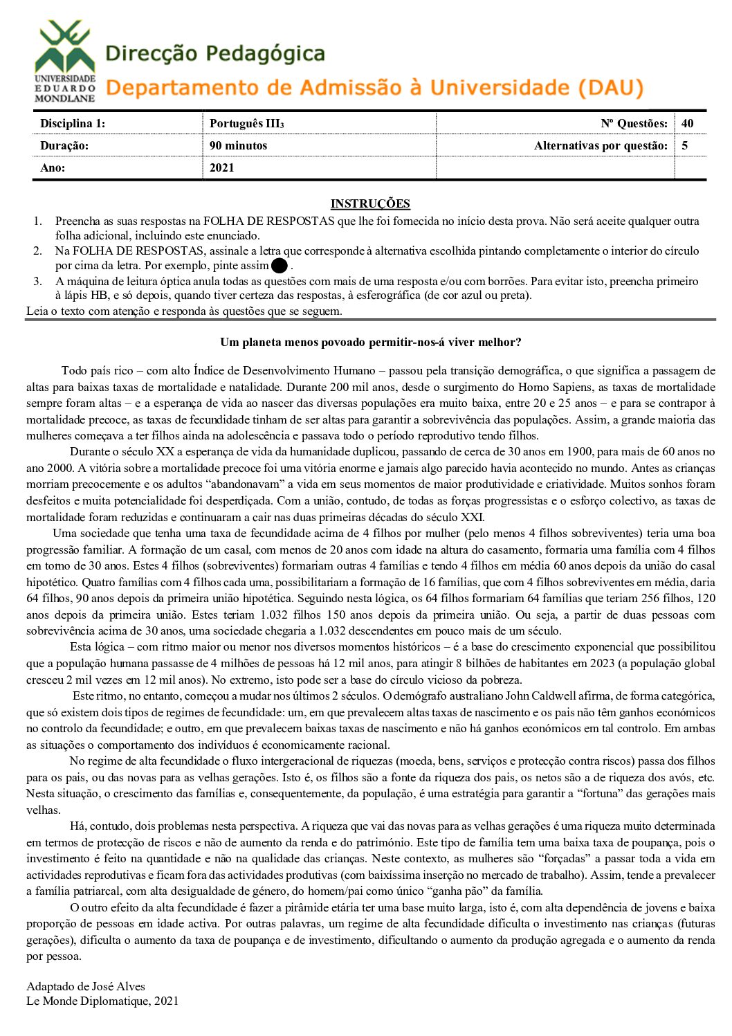 Português – 2021 (III) da UEM (Enunciado e Resolução do Exame de Admissão em PDF)