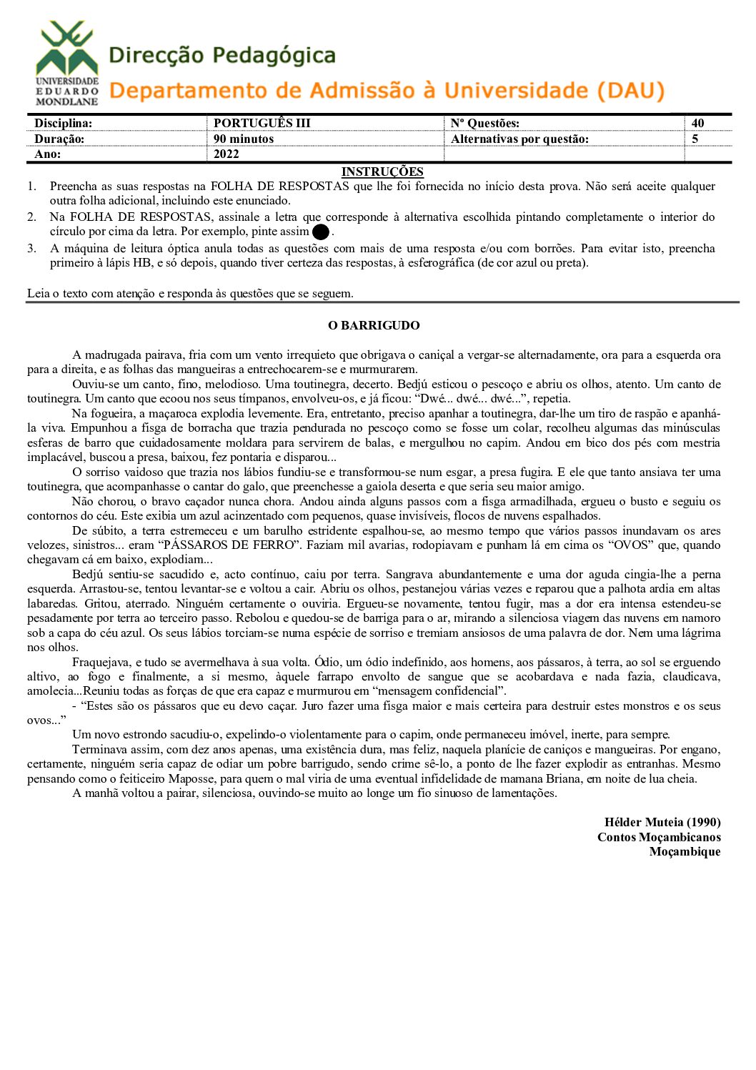 Português – 2023 (III) da UEM (Enunciado e Resolução do Exame de Admissão em PDF)