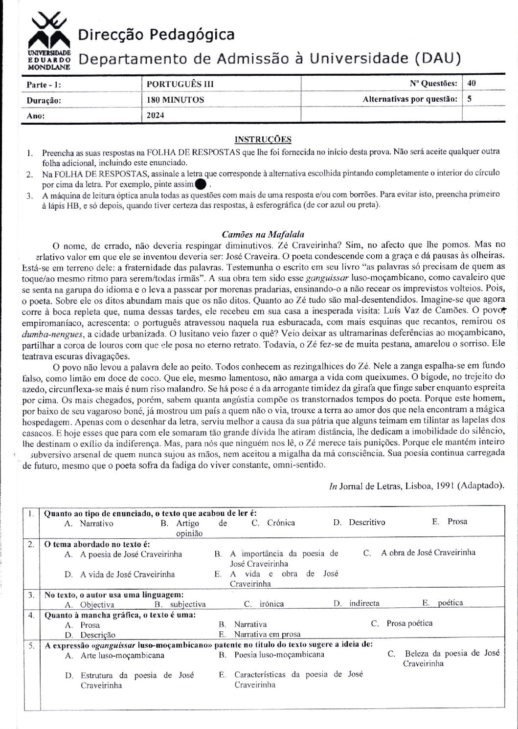 Português – 2024 (III) da UEM (Enunciado e Resolução do Exame de Admissão em PDF)