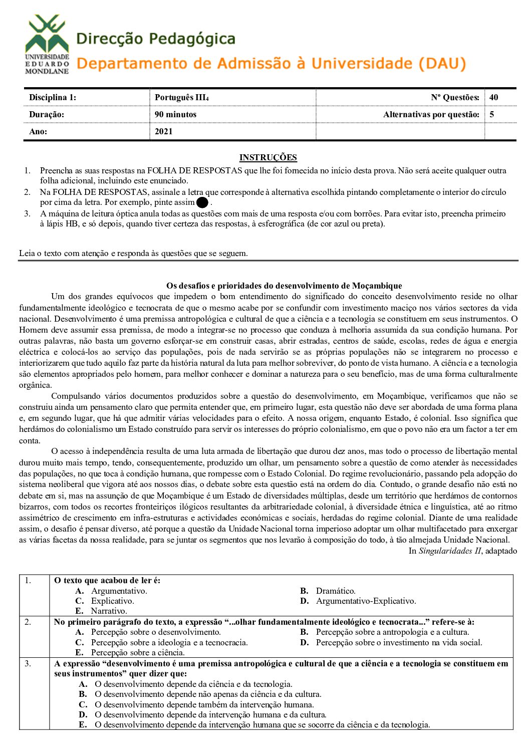 Português – 2021 (IV) da UEM (Enunciado e Resolução do Exame de Admissão em PDF)
