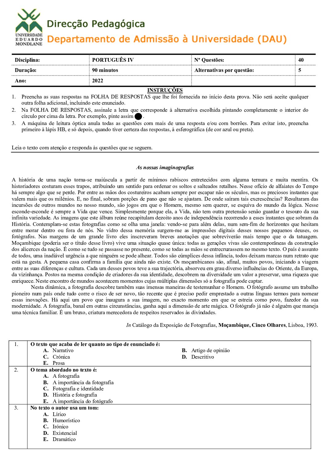Português – 2022 (IV) da UEM (Enunciado e Resolução do Exame de Admissão em PDF)