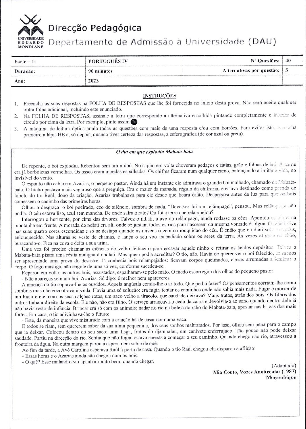 Português – 2023 (IV) da UEM (Enunciado e Resolução do Exame de Admissão em PDF)