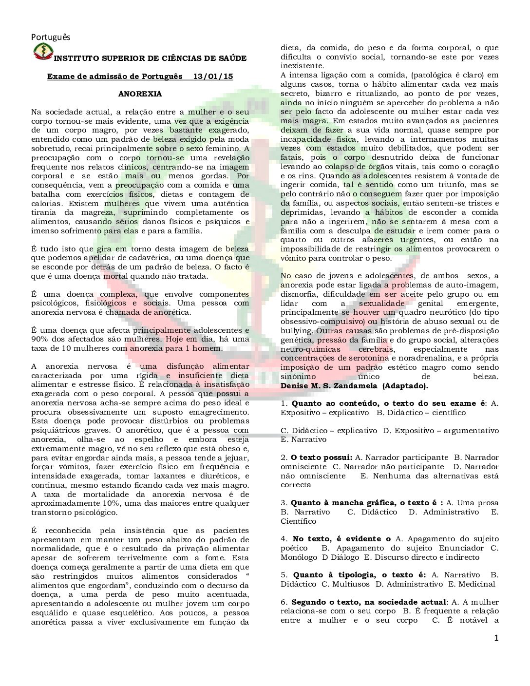 Português – 2015 do ISCISA (Enunciado e Resolução do Exame de Admissão em PDF)