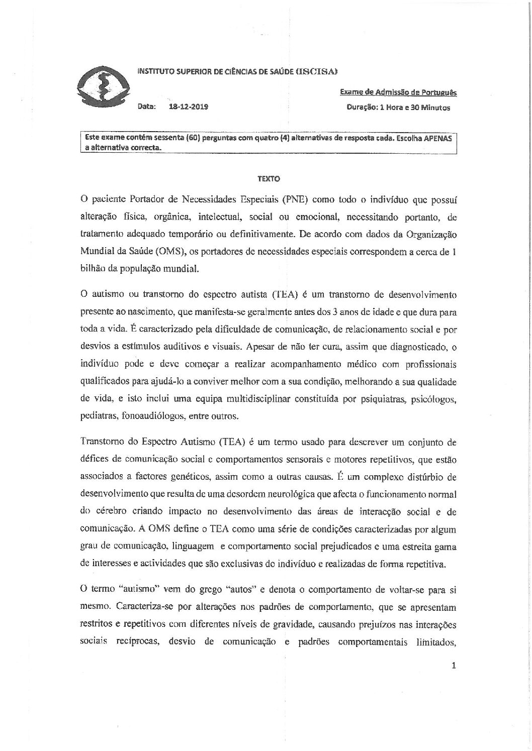 Português – 2020 do ISCISA (Enunciado e Resolução do Exame de Admissão em PDF)