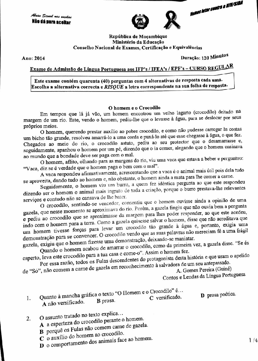 Português – 2014 do IFP (Enunciado e Resolução do Exame de Admissão em PDF)