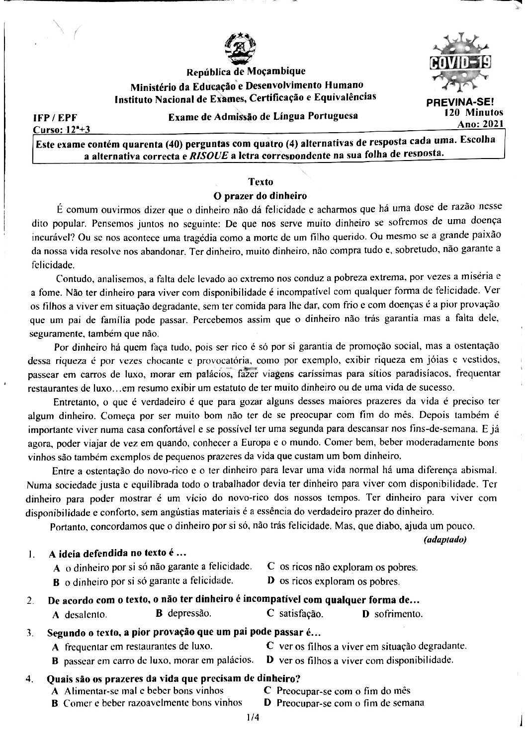 Português – 2021 do IFP (Enunciado e Resolução do Exame de Admissão em PDF)