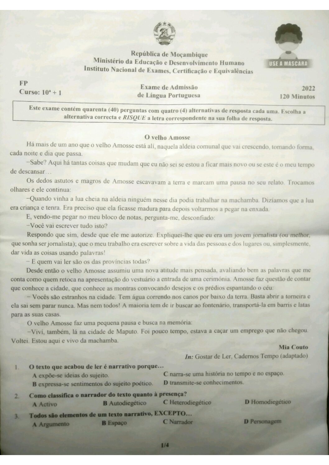 Português – 2022 do IFP (Enunciado e Resolução do Exame de Admissão em PDF)