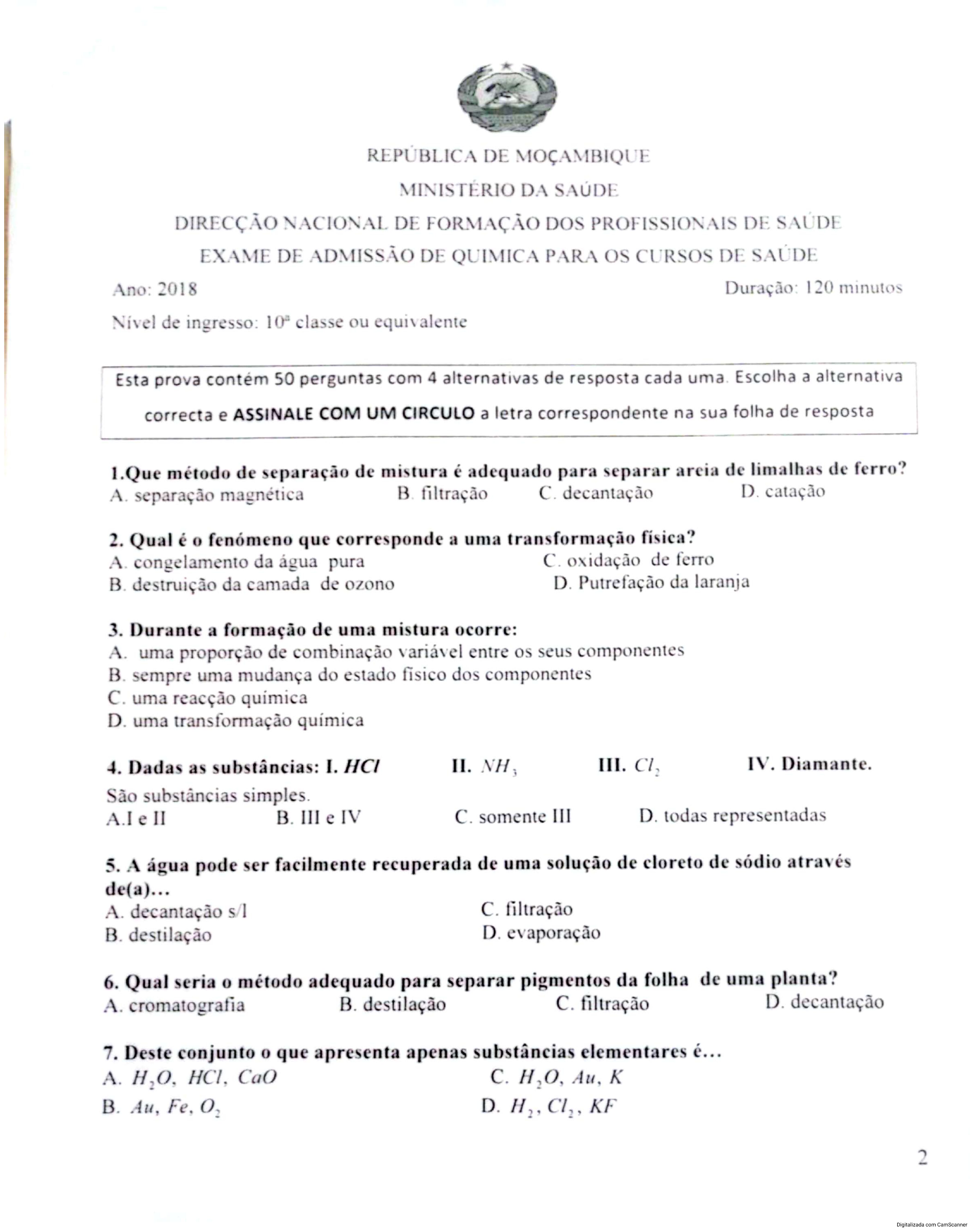 Química – 2018 do ICS (Enunciado e Resolução do Exame de Admissão em PDF)