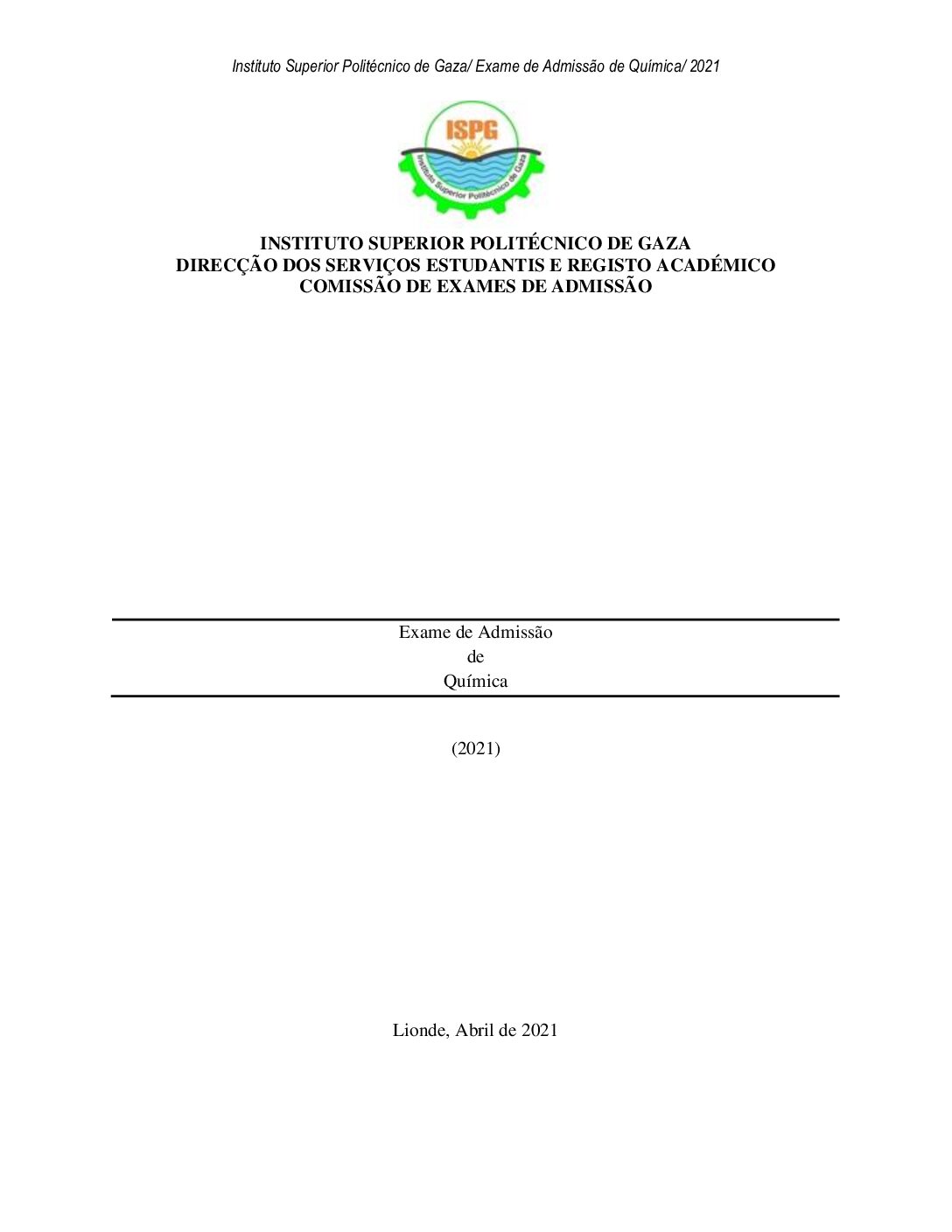 Química – 2021 do ISPG (Enunciado e Resolução do Exame de Admissão em PDF)