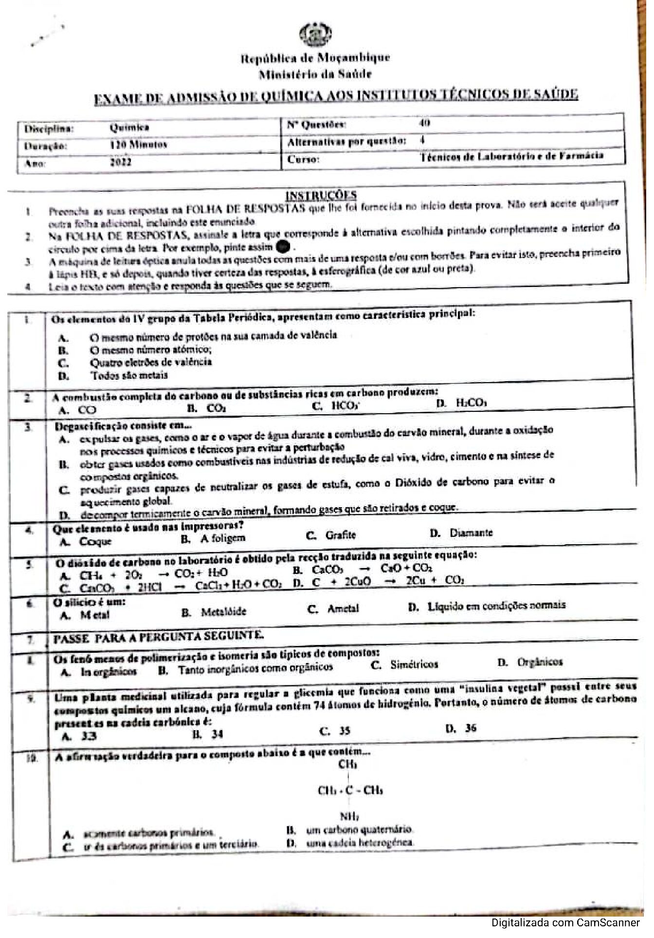 Química – 2022 do ICS (Enunciado e Resolução do Exame de Admissão em PDF)