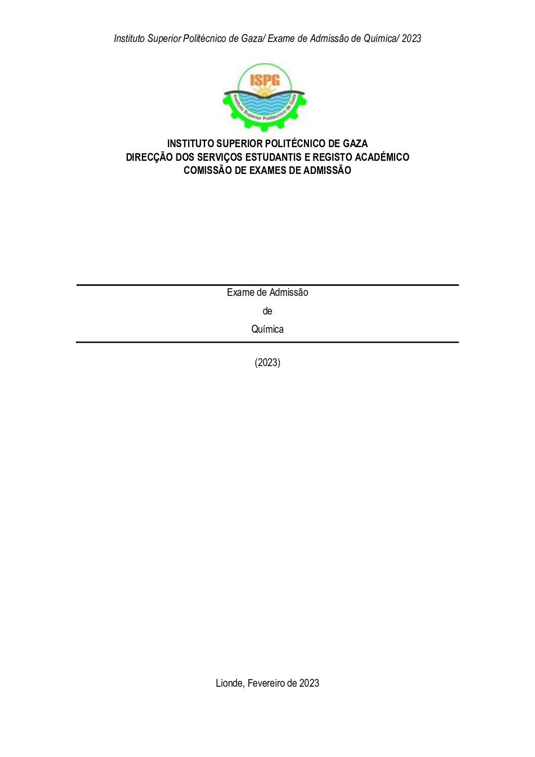 Química – 2023 do ISPG (Enunciado e Resolução do Exame de Admissão em PDF)