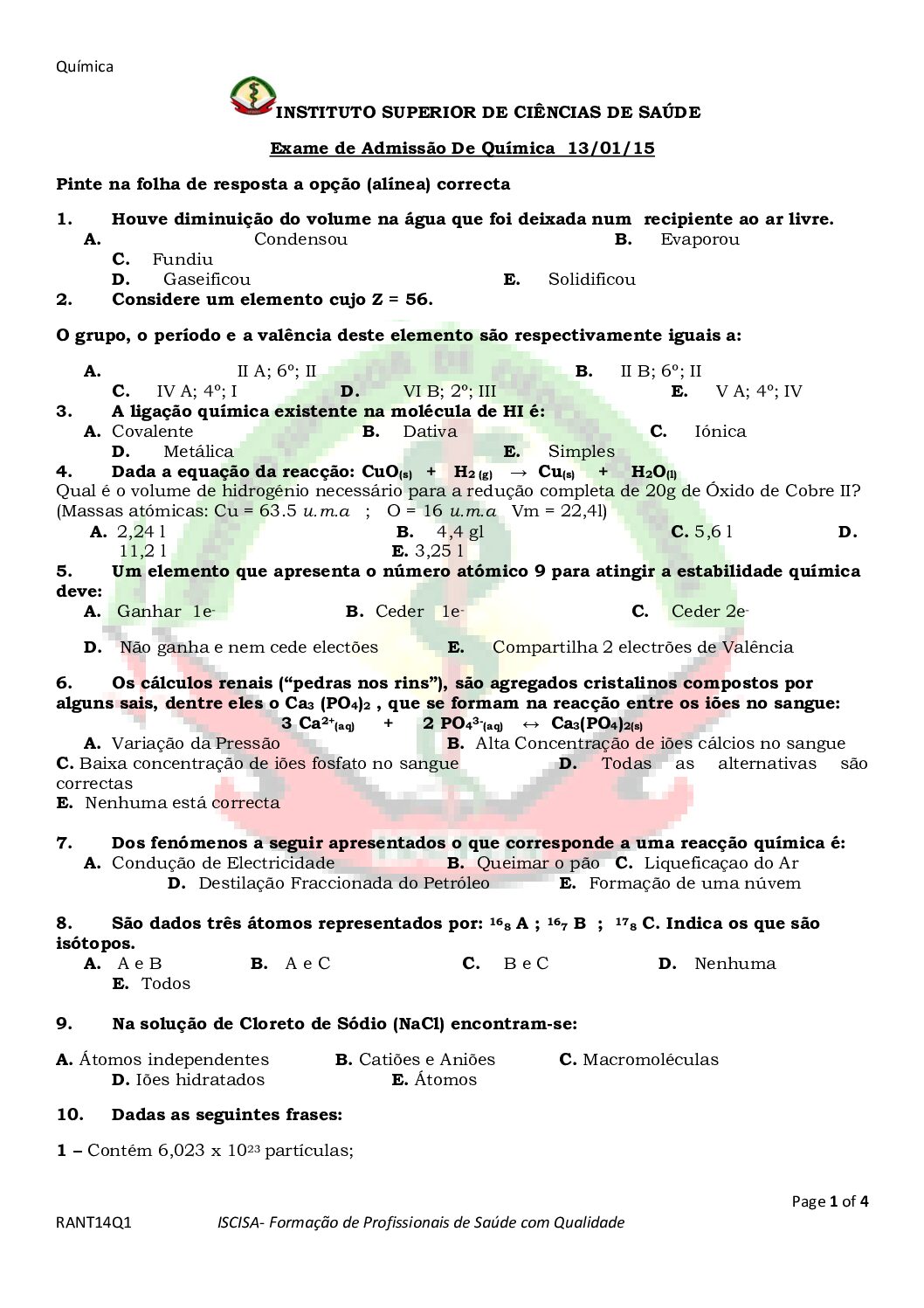 Química – 2015 do ISCISA (Enunciado e Resolução do Exame de Admissão em PDF)
