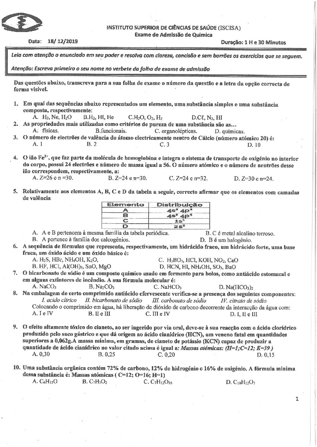 Química – 2020 do ISCISA (Enunciado e Resolução do Exame de Admissão em PDF)