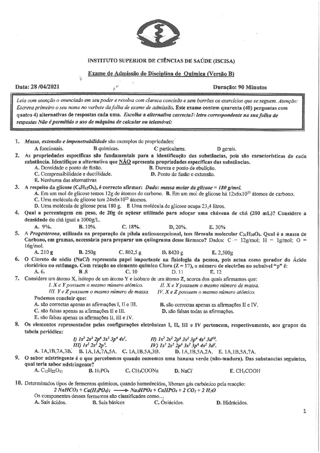 Química – 2021 do ISCISA (Enunciado e Resolução do Exame de Admissão em PDF)