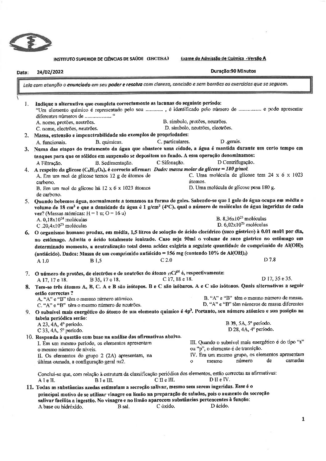 Química – 2022 do ISCISA (Enunciado e Resolução do Exame de Admissão em PDF)