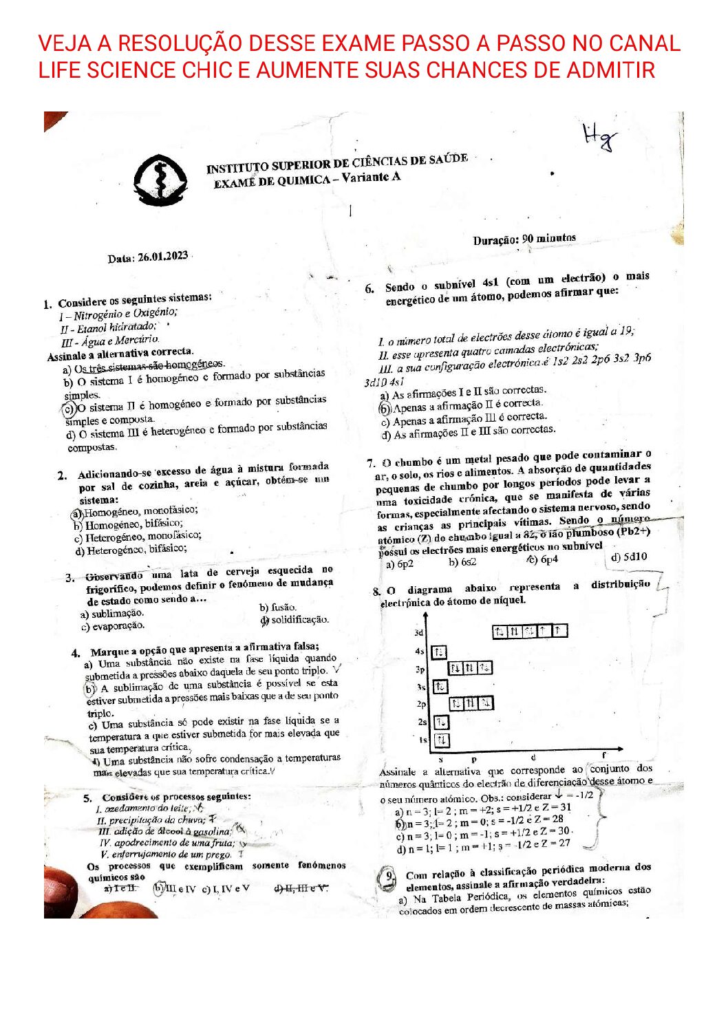 Química – 2023 do ISCISA (Enunciado e Resolução do Exame de Admissão em PDF)
