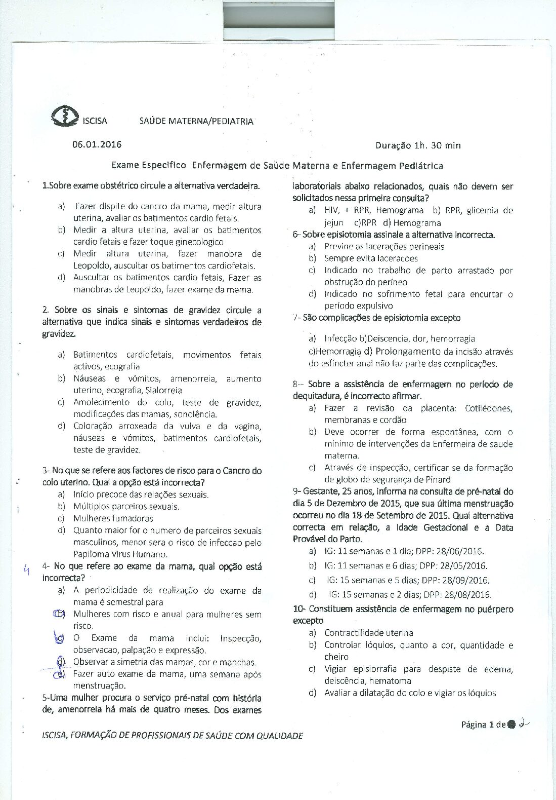 Saúde Materna e Pediatria – 2016 do ISCISA (Enunciado e Resolução do Exame de Admissão em PDF)