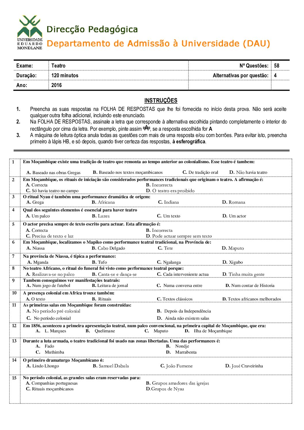Teatro – 2016 da UEM (Enunciado e Resolução do Exame de Admissão em PDF)