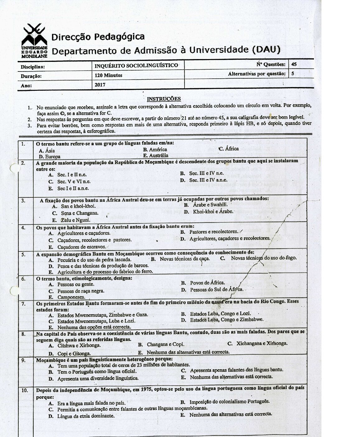 Inquérito – 2017 da UEM (Enunciado e Resolução do Exame de Admissão em PDF)