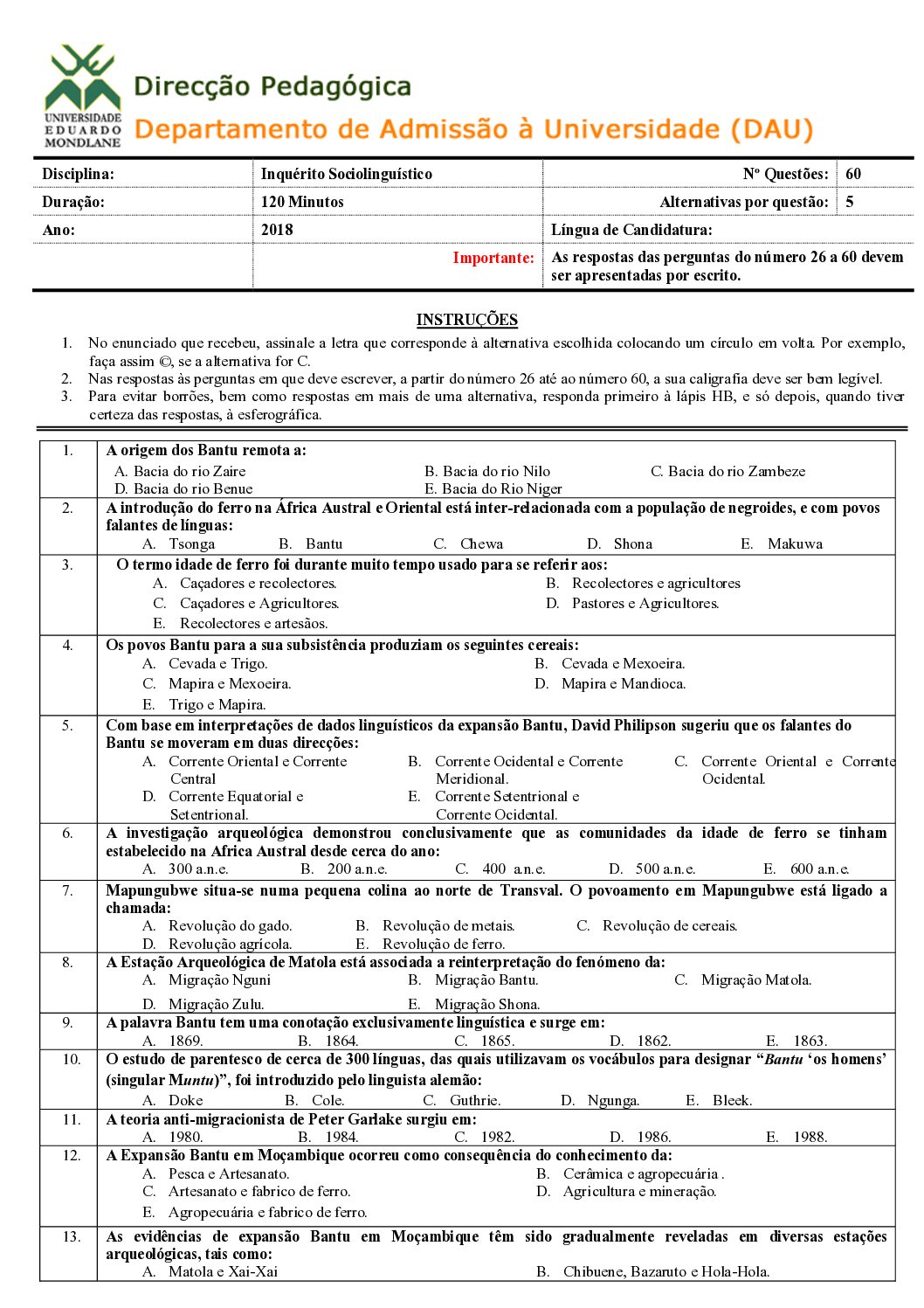 Inquérito – 2018 da UEM (Enunciado e Resolução do Exame de Admissão em PDF)