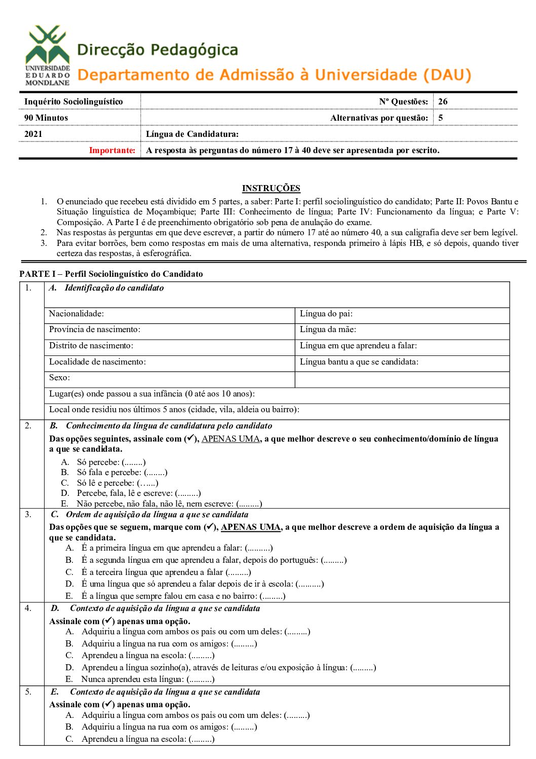 Inquérito – 2021 da UEM (Enunciado e Resolução do Exame de Admissão em PDF)
